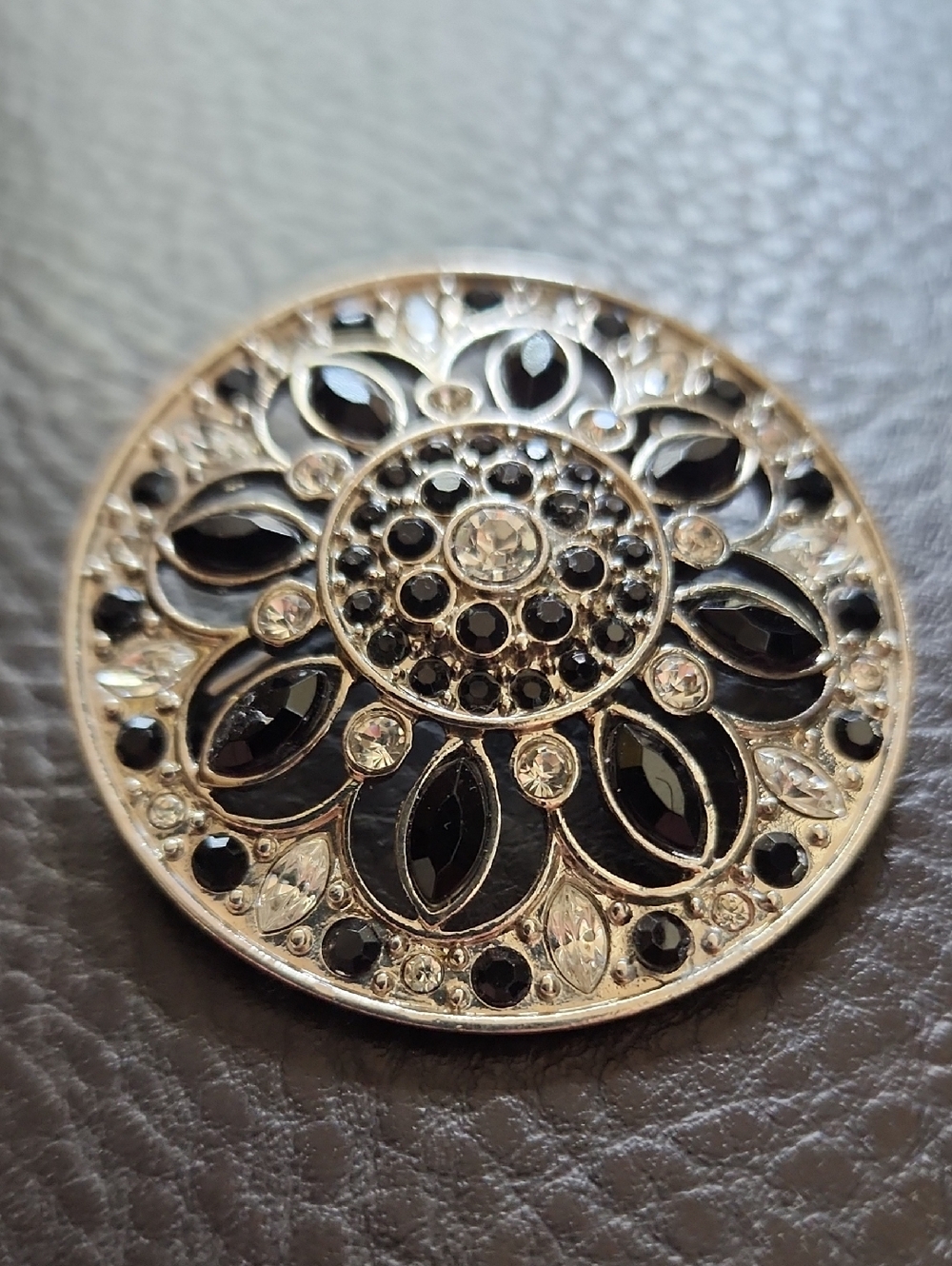 Round Black and Silver Crystal Brooch